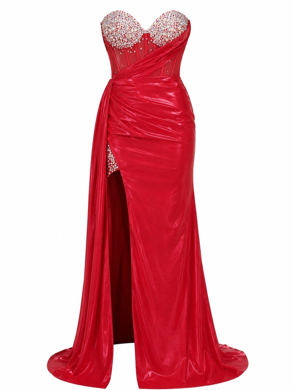 (Ladivine)Red Strapless Evening Gown with Embellished Bust